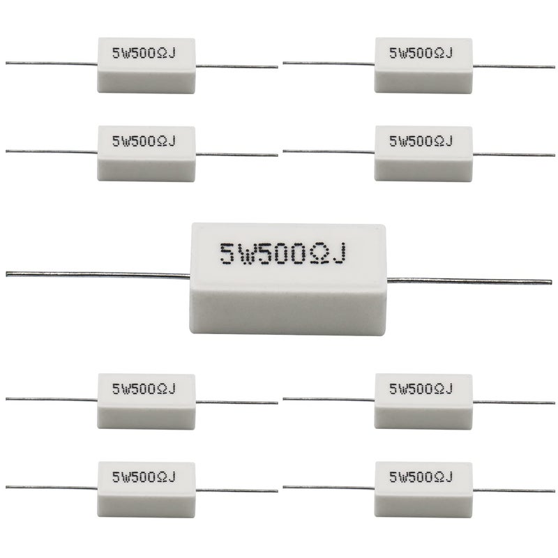 Dimlove Cement Resistor,10 PCS 5W 500 Ohm 5% Axial Lead Wire Resistor White Wound Fixed Ceramic Cement Resistors Wirewound Cement Power Resistors Flame Heat Moisture Resistance Precharge Horizontal Resistors - Image 2